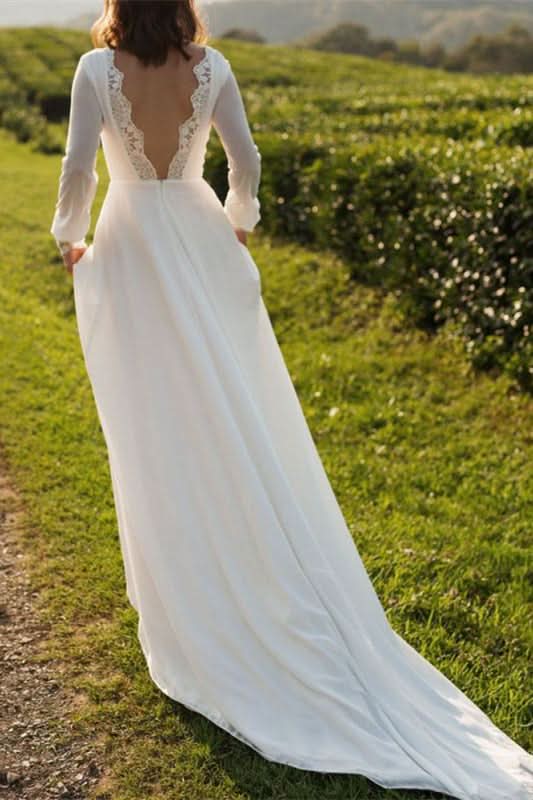 Bateau Neck Long Sleeve Tulle Boho A-Line Wedding Dress with Open Back BM bride