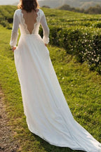 Bateau Neck Long Sleeve Tulle Boho A-Line Wedding Dress with Open Back BM bride