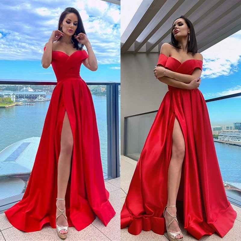 Simple Red Satin Off the Shoulder Sleeveless Mermaid Prom Dress With Split