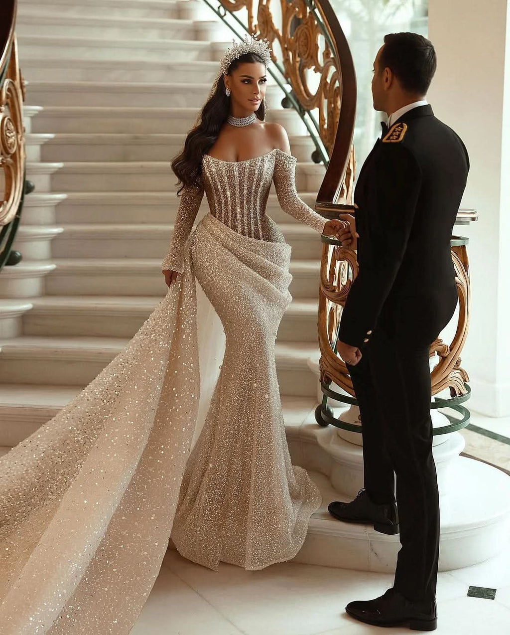 Champagne Long Sleeves Mermaid Sequin Wedding Dress Pleated BM bride
