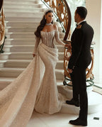Champagne Long Sleeves Mermaid Sequin Wedding Dress Pleated BM bride