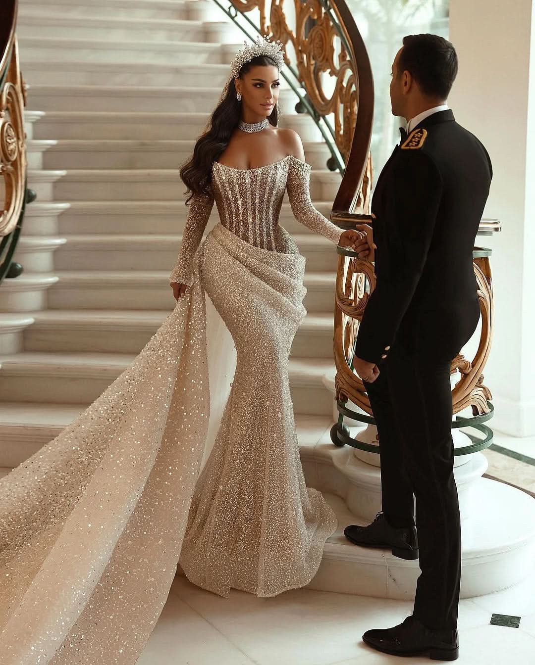 Champagne Long Sleeves Mermaid Sequin Wedding Dress Pleated BM bride