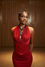 Chic Red Halter Sleeveless Mermaid Long Prom Dress With Pleated