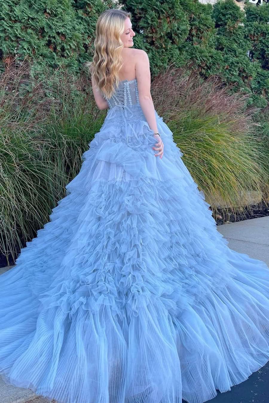 Charming Princess A-Line Strapless Tiered Tulle Prom Dress BM bride