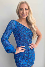 White Beaded Sequins One Shoulder Tight Homecoming Dress Bmbride