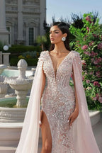 Luxurious Pink Beaded Ribbon Prom Dress with Split Shine Mermaid Design BM bride