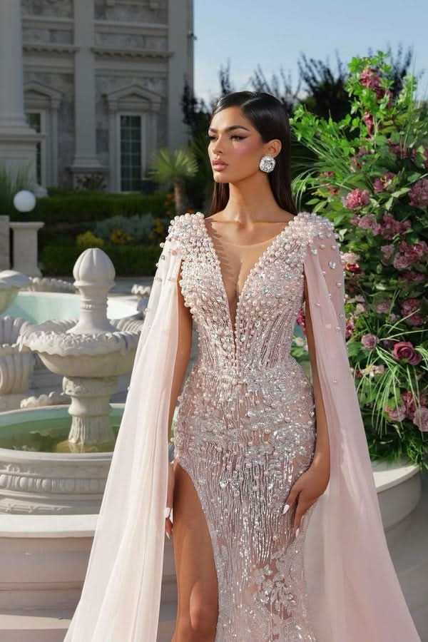 Luxurious Pink Beaded Ribbon Prom Dress with Split Shine Mermaid Design BM bride