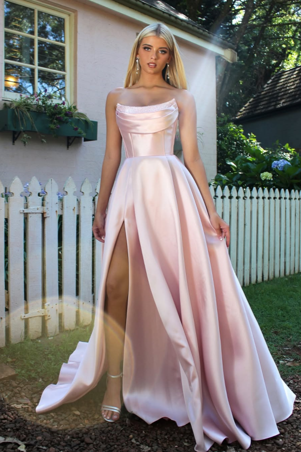 Strapless Sleeveless A Line Long Prom Dress With Split Pleated BMBRIDE