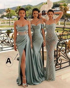 Satin Sweetheart Spaghetti-Strap Mermaid Evening Dress with Split Beadings BM bride