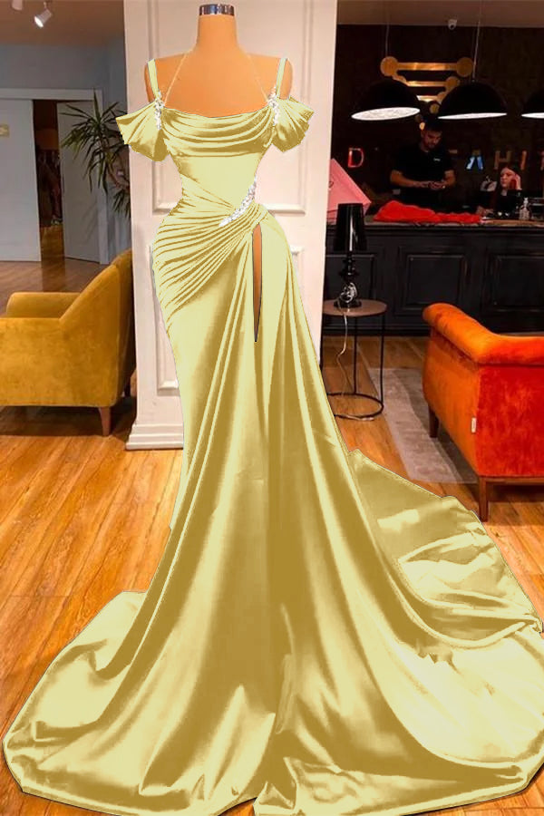 Green Chic Off the Shoulder Beadings Pleated Prom Dress Long With High Split BMBRIDE
