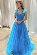 Beautiful Blue Sweetheart Tie Straps Tulle A-Line Long Prom Dress BM bride