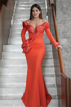 Orange Off the Shoulder Long Sleeves Mermaid Long Prom Dress With Ruffles