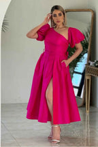 One Shoulder Bubble Sleeves A Line Prom Dress With Split Pockets