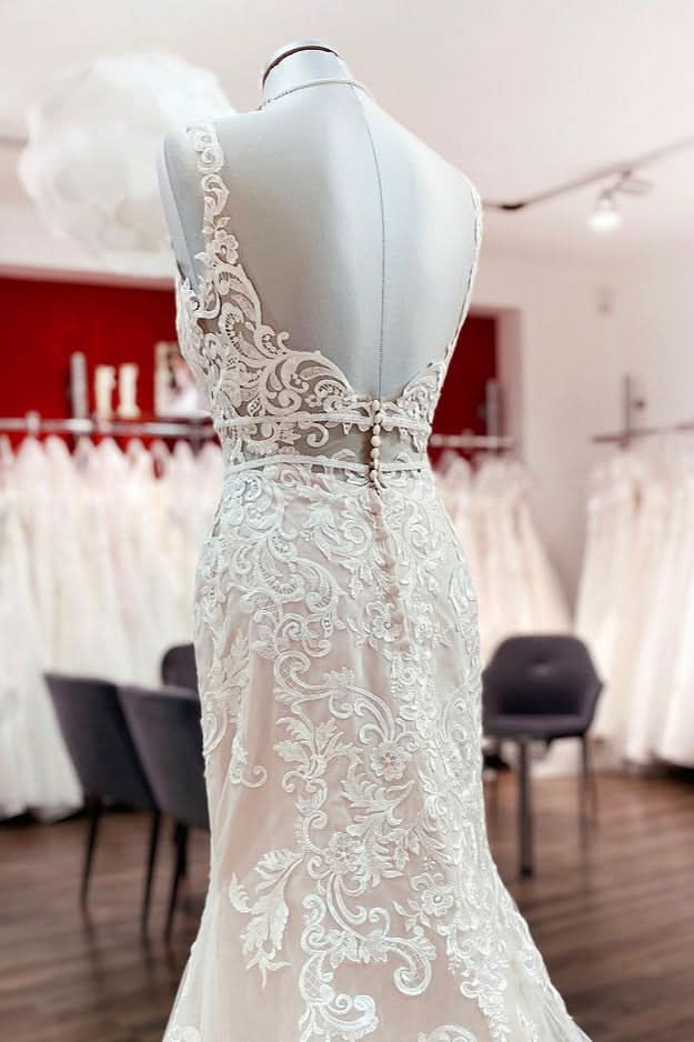 Sleeveless Long Mermaid Wedding Dress With Backless Lace Tulle BM bride