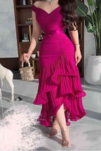 Off the Shoulder Sleeveless Long Prom Dress With Pleated Ruffle