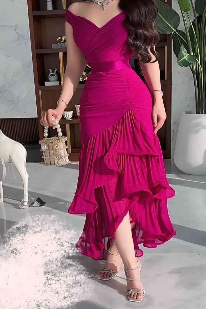 Off the Shoulder Sleeveless Long Prom Dress With Pleated Ruffle
