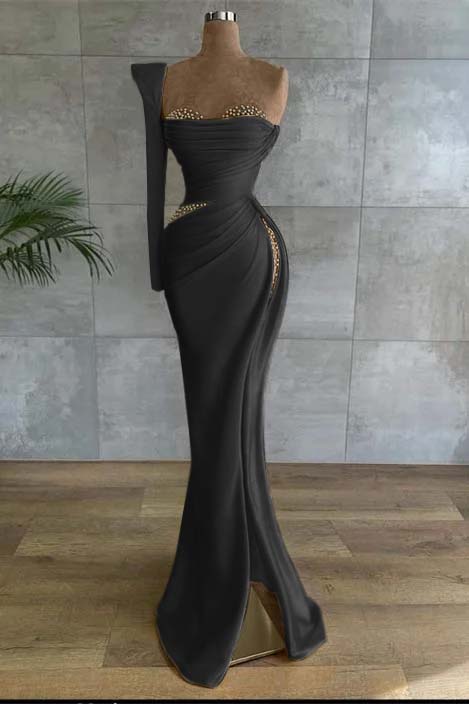 One Shoulder Long Sleeve Long High Split Prom Dress With Beading BMBRIDE