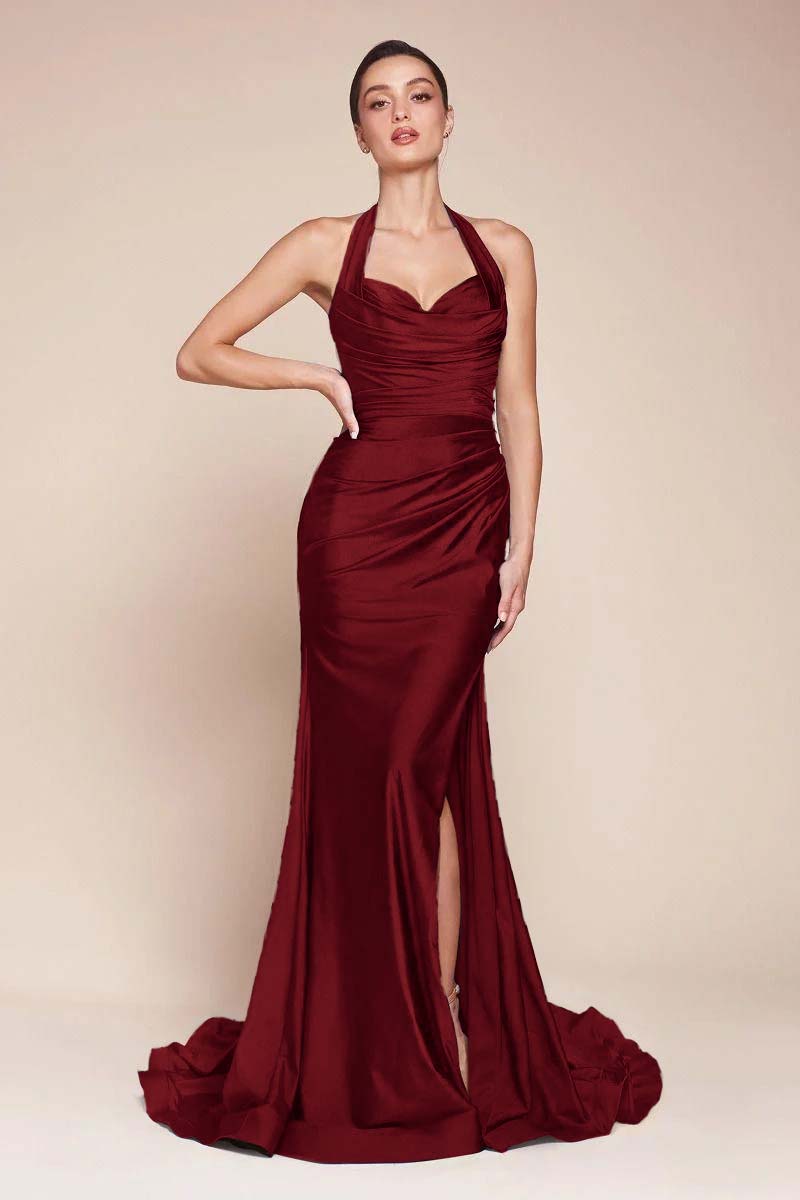 Halter Sleeveless Split Mermaid Long Prom Dress With Pleated BMBRIDE