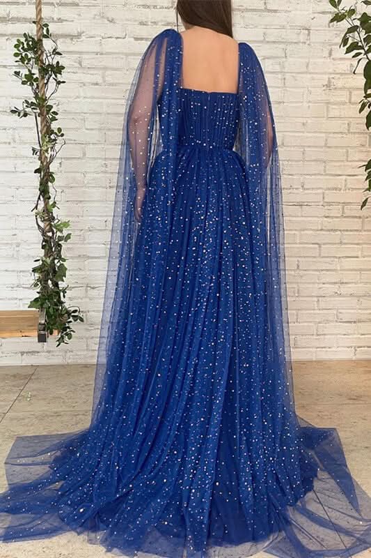Chic Royal Blue Long Evening Dress with Ruffles, Beads, and Tulle BM bride