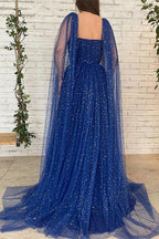 Chic Royal Blue Long Evening Dress with Ruffles, Beads, and Tulle BM bride