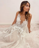 A-Line Deep V-neck Backless Wedding Dress With Appliques Lace Tulle BM bride