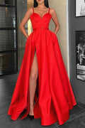 Elegant Red Spaghetti Straps Sweetheart Sleeveless Evening Dresses With Split
