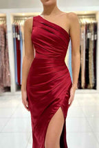Burgundy One Shoulder Sleeveless Split Prom Dress Long Mermaid