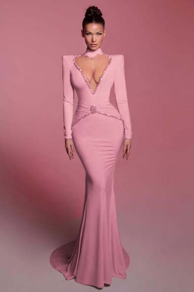 High Neck Long Sleeves Long Mermaid Prom Dress With Sequins BMBRIDE