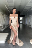 Champagne Off-The-Shoulder Long Mermaid Evening Dress with Split BM bride