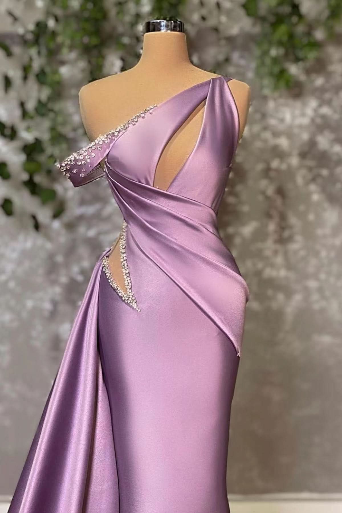 Lilac Off-the-Shoulder Sleeveless Mermaid Prom Dress with Rhinestones BM bride