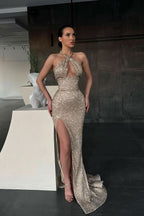 Halter Sleeveless Mermaid Evening Dress Long with Sequins and Split BM bride