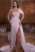 Glamorous One Shoulder Mermaid Evening Dress with Sequins Ruffles and Slit BM bride