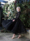 Black Bateau Long Sleeve Tea-Length Wedding Dress with Lace Appliques BM bride