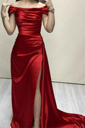 Glamorous Red Stain Off the Shoulder Sleeveless Pleated Long Prom Dress With Split