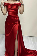 Glamorous Red Stain Off the Shoulder Sleeveless Pleated Long Prom Dress With Split