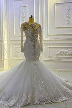 Bateau Long Sleeve Pearl and Sequin Mermaid Wedding Dress with Lace Appliques and Beadings BM bride