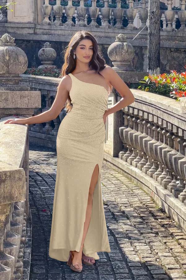 One Shoulder Sleeveless Long Mermaid Prom Dress With Split Beading