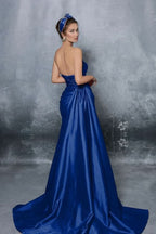 Blue Elegant Strapless Sleeveless Prom Dress with Slit Pleats BM bride