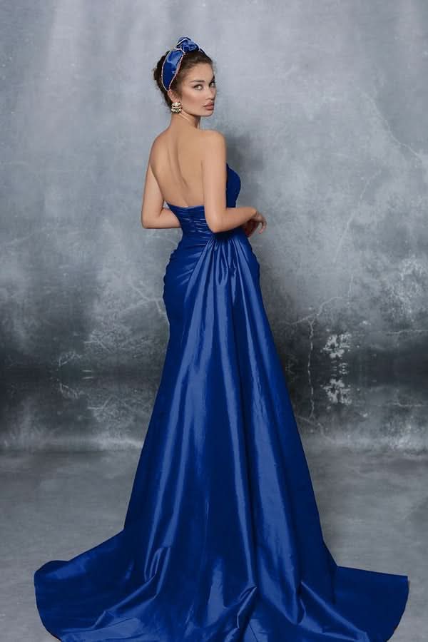 Blue Elegant Strapless Sleeveless Prom Dress with Slit Pleats BM bride