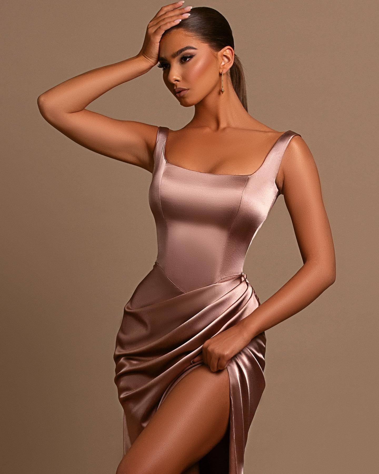 Dusty Rose Spaghetti Strap Square Neck Sleeveless Mermaid Prom Dress With Split BMBRIDE