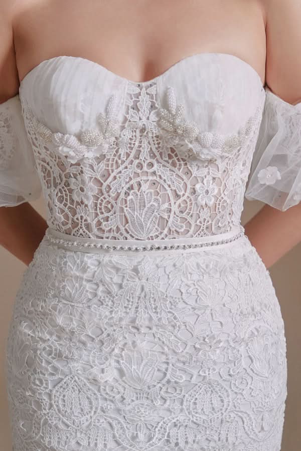 Long Mermaid Sweetheart Lace Wedding Dress with Detachable Sleeves BM bride