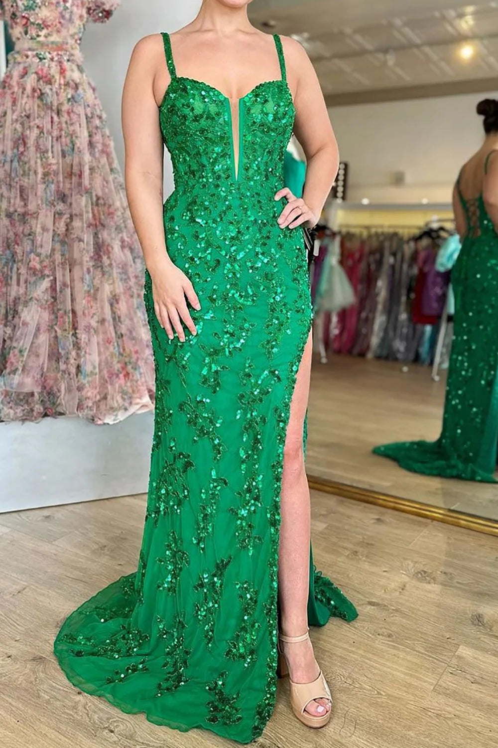 Sparkly Blue Sheath Sequins Long Prom Dress with Slit BM bride