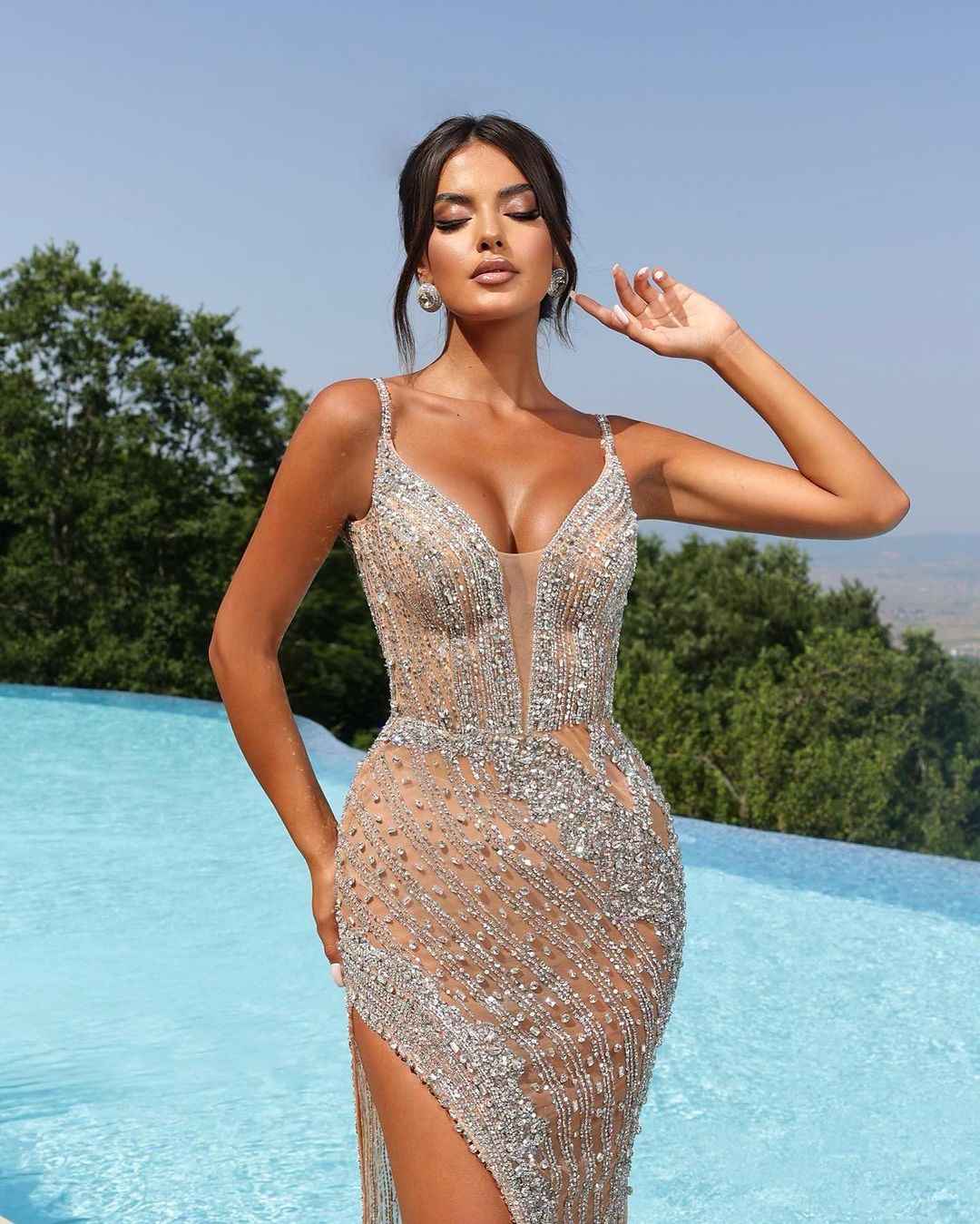Heavy Prom Dress Long Sequins Mermaid Silver With High Split
