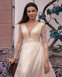 Glitter Long A-Line V-Neck Wedding Dress with Sleeves BM bride