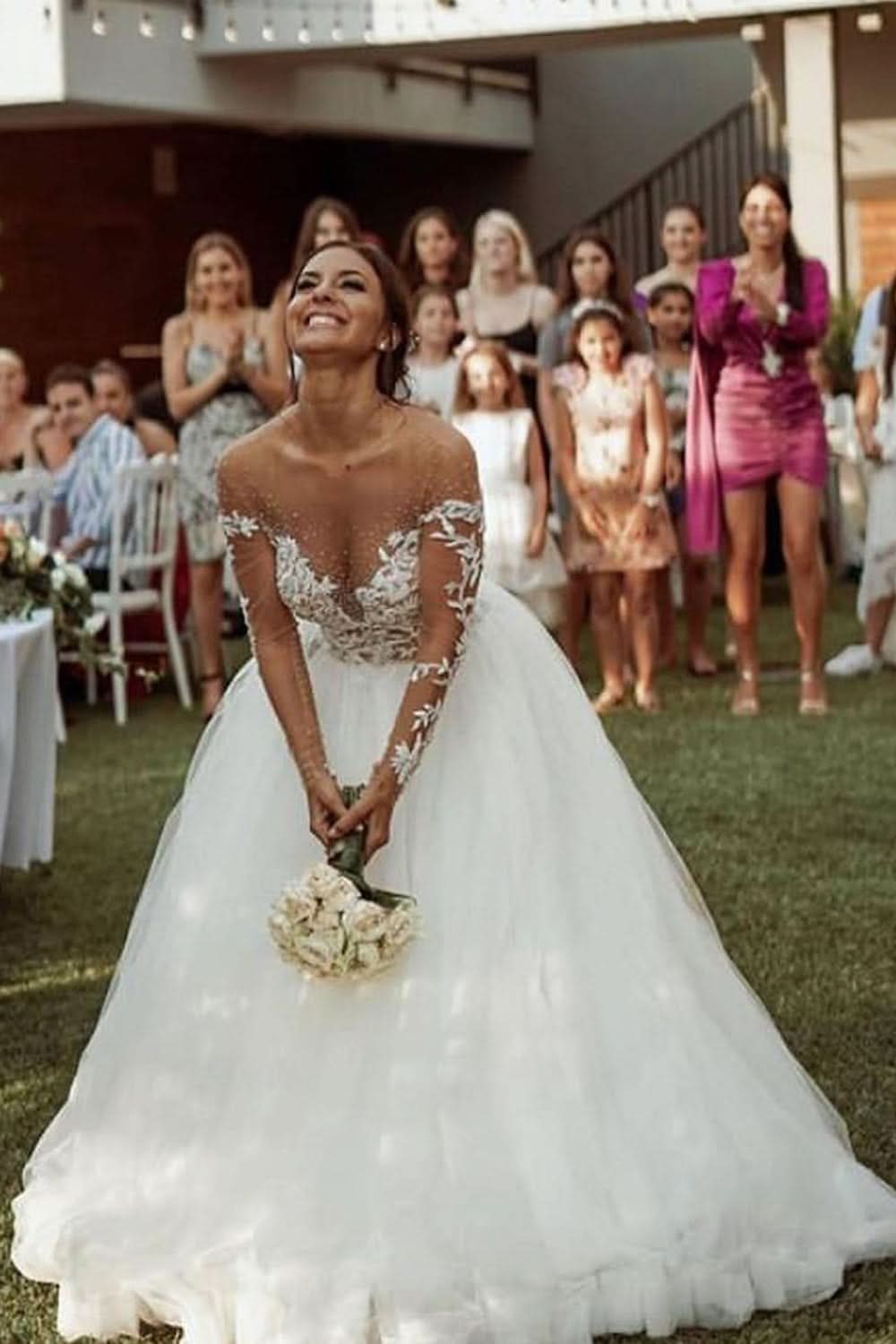 Long Sleeve A-Line Sheer Tulle Wedding Dress with Lace BM bride