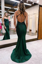 Elegant Appliques Spaghetti Strap Mermaid Evening Dress with Beadings BM bride