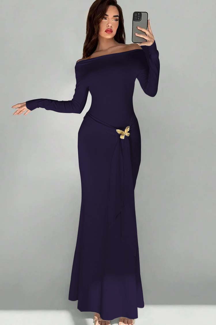 Off the Shoulder Long Sleeves Long Mermaid Prom Dress With Appliques BMBRIDE