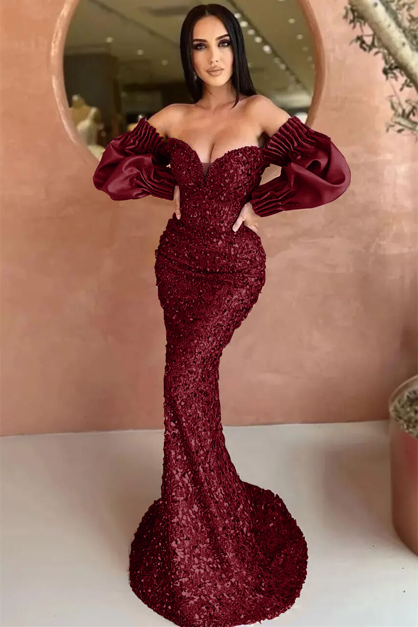 Off-The-Shoulder Mermaid Long Sleeve Evening Dress with Sequins BM bride
