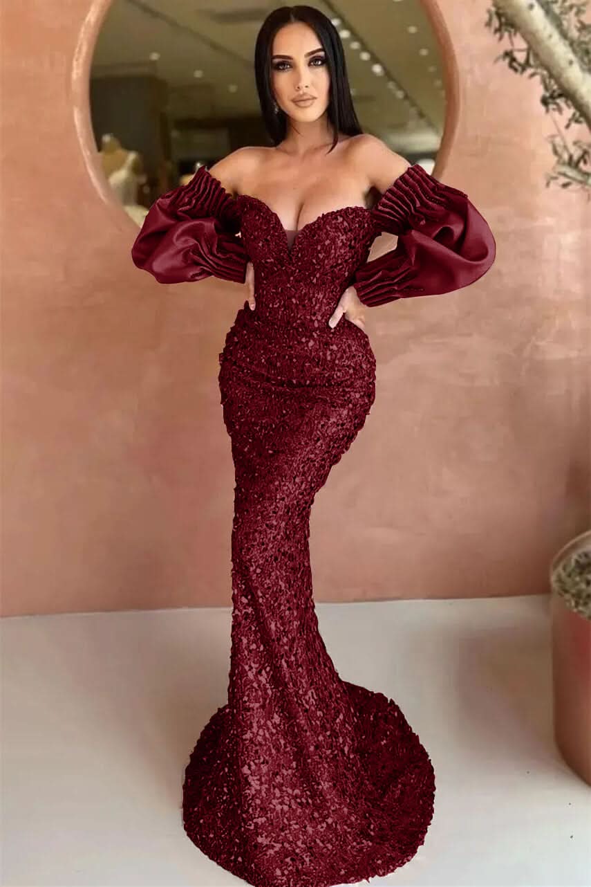 Off-The-Shoulder Mermaid Long Sleeve Evening Dress with Sequins BM bride