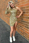 Sparkly Golden One Shoulder Tight Sequined Short Homecoming Dress